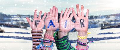 Children Hands Building Word Fair, Snowy Winter Background