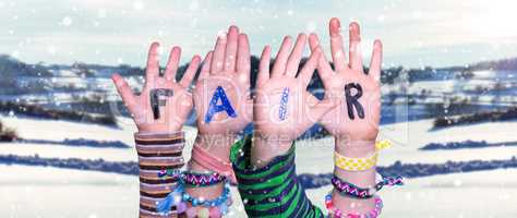 Children Hands Building Word Fair, Snowy Winter Background