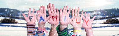 Children Hands Building Word Family, Snowy Winter Background