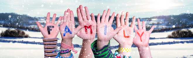 Children Hands Building Word Family, Snowy Winter Background