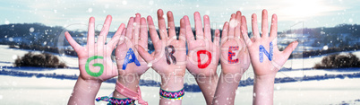 Children Hands Building Word Garden, Snowy Winter Background