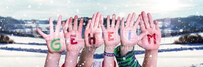 Children Hands Building Word Geheim Means Secret, Snowy Winter Background