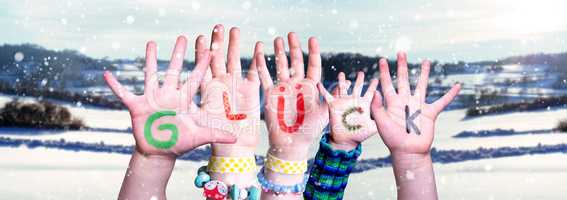 Children Hands Building Word Glueck Means Luck, Snowy Winter Background