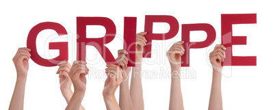 People Hands Holding Word Grippe Means Flu, Isolated Background