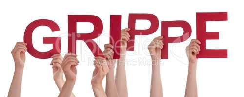 People Hands Holding Word Grippe Means Flu, Isolated Background