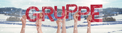 People Hands Holding Word Gruppe Means Group, Snowy Winter Background