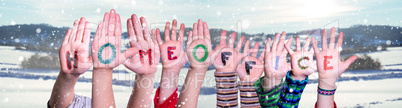 Kids Hands Holding Word Homeoffice Means Work From Home, Winter Background