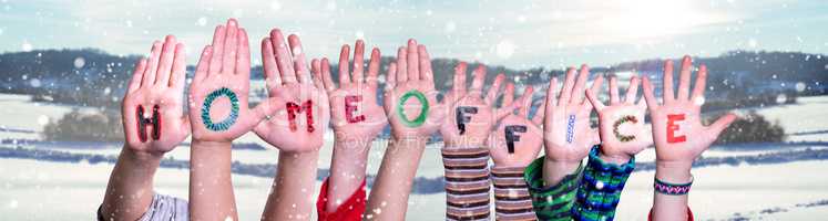 Kids Hands Holding Word Homeoffice Means Work From Home, Winter Background