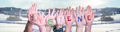 Kids Hands Holding Word Hygiene, Snowy Winter Background