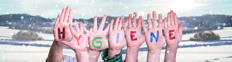 Kids Hands Holding Word Hygiene, Snowy Winter Background