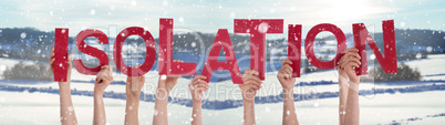 People Hands Holding Word Isolation, Snowy Winter Background