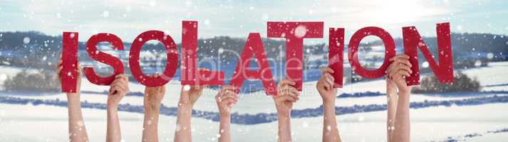 People Hands Holding Word Isolation, Snowy Winter Background