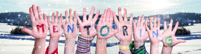 Children Hands Building Word Mentoring, Snowy Winter Background