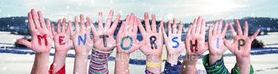 Children Hands Building Word Mentorship, Snowy Winter Background