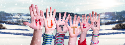 Children Hands Building Word Mutter Means Mother, Snowy Winter Background