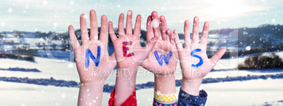 Children Hands Building Word News, Snowy Winter Background