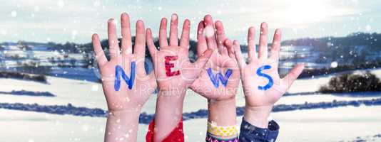 Children Hands Building Word News, Snowy Winter Background