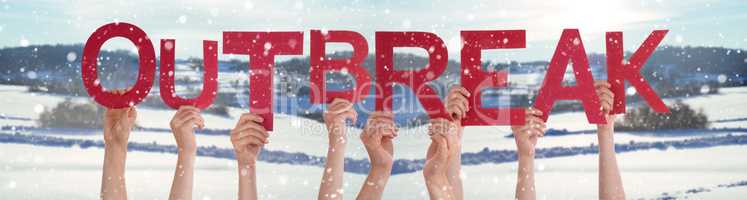 People Hands Holding Word Outbreak, Snowy Winter Background