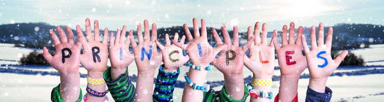 Children Hands Building Word Principles, Snowy Winter Background