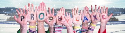 Children Hands Building Prophylaxe Means Prophylaxis, Snowy Winter Background
