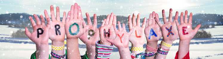 Children Hands Building Prophylaxe Means Prophylaxis, Snowy Winter Background