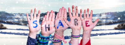 Children Hands Building Word Share, Snowy Winter Background