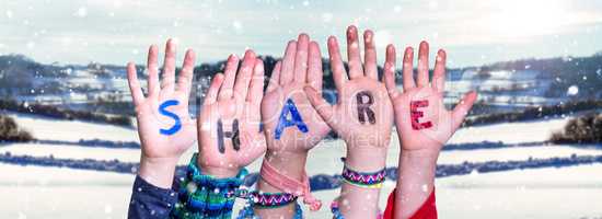 Children Hands Building Word Share, Snowy Winter Background