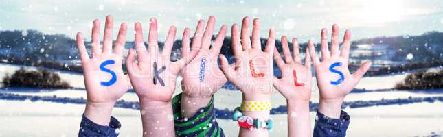 Children Hands Building Word Skills, Snowy Winter Background