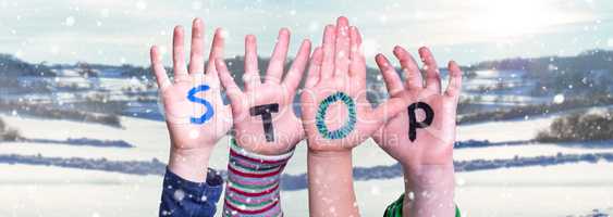 Children Hands Building Word Stop, Snowy Winter Background