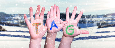 Children Hands Building Word Tag Means Day, Snowy Winter Background