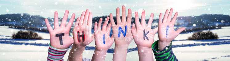 Children Hands Building Word Think, Snowy Winter Background