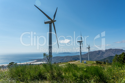 View of wind turbines energy production near the Atlantic Ocean, Spain.