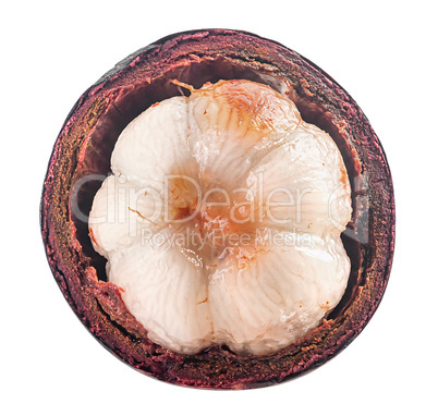 Ripe opened mangosteen top view isolated on white
