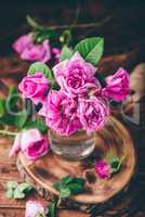 Bouquet of small pink garden roses in jar