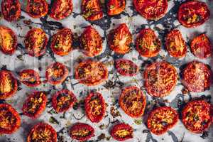 Prepared Sun Dried Tomatoes with Herbs on Parchment Paper