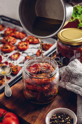 Coating of Sun Dried Tomatoes with Olive Oil in a Jar