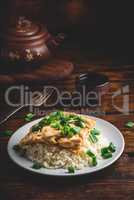 Rice with scrambled eggs, chicken and green onion