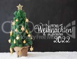 Christmas Tree, Black Background, Snow, Glueckliches 2022 Means Happy 2022