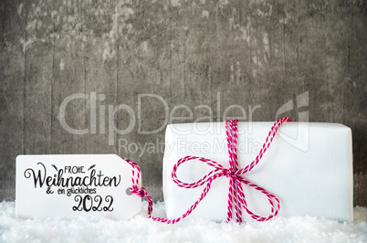 White Christmas Gift, Snow, Label, Bow, Glueckliches 2022 Means Happy 2022