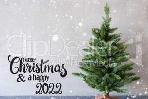 Tree, Merry Christmas And A Happy 2022, Cement Background, Snowflakes
