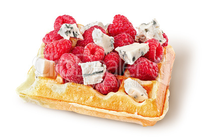 French waffles with raspberries and dorblu cheese