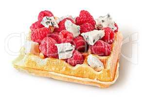 French waffles with raspberries and dorblu cheese