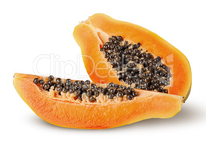 Half and quarter ripe papaya isolated on white