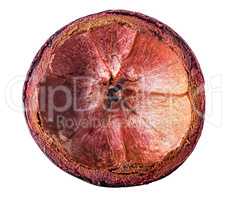 Dark purple mangosteen shell top view isolated on white