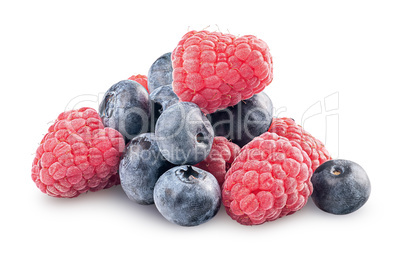Heap of raspberries and blueberries isolated on white