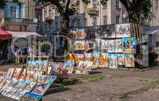 Art market near the Opera theatre in Lviv, Ukraine