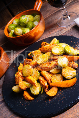 Brussels sprouts fried chicken breast and potatoes