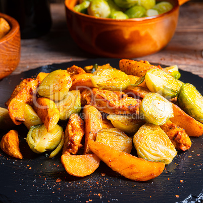 Brussels sprouts fried chicken breast and potatoes