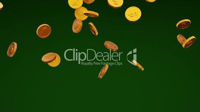 Falling golden dollar coins on a green background, 3d animation