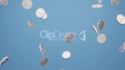 Falling dollar coins on a blue background, 3d animation